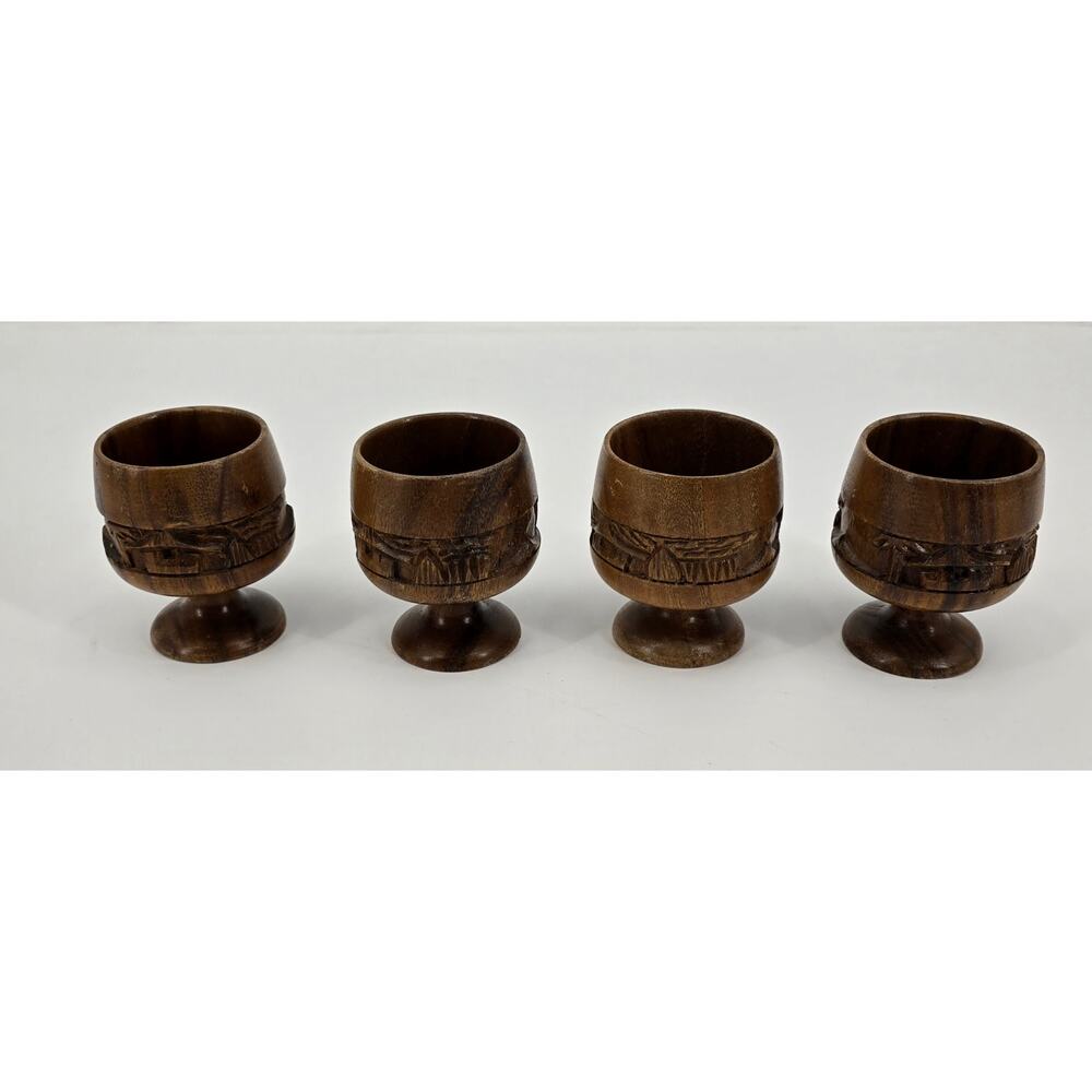 Vintage‎ Hand-Carved Wooden Tiki Bar Aloha Goblets – Set of 4